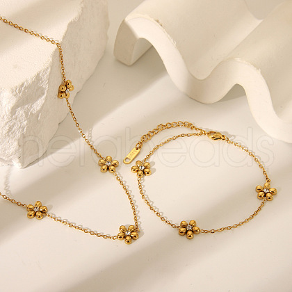 Flower Stainless Steel Rhinestone Link Bracelets & Necklaces Sets for Women VZ7462-1-1