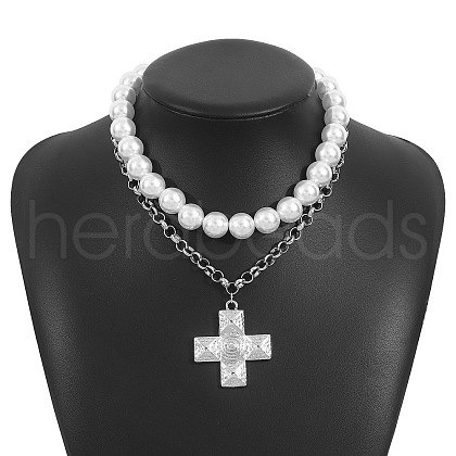 CCB Plastic Round Beaded Iron Alloy Cross Pendant Double Layer Necklaces FS-WGE63DA-04-1