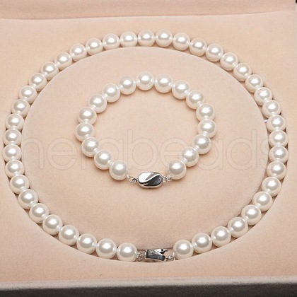 Shell Pearl Round Beaded Necklaces & Bracelets Sets for Women WG18377-08-1