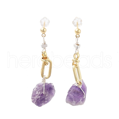 Nuggets Natural Amethyst Dangle Earrings with Brass and 925 Sterling Silver Pins EJEW-P256-49G-1