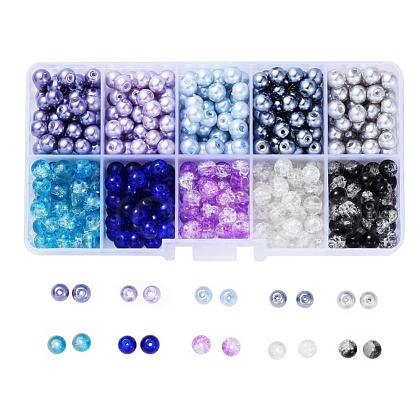 Mixed Baking Painted Crackle Glass & Glass Pearl Bead Sets HY-X0009-6mm-07-1