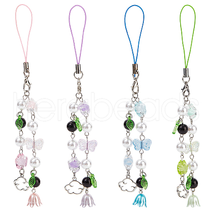 4Pcs Lily of the Valley ABS Plastic Pearl & Acrylic Mobile Straps HJEW-DR00049-1