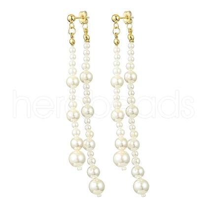 Round Shell Pearl Beaded Tassel Stud Earrings for Women EJEW-TA00563-1