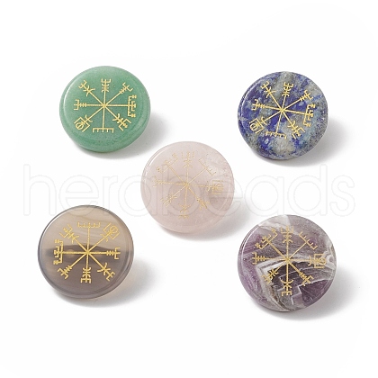 Natural Gemstone Flat Round with Norse Paganism Pattern Brooch Pin JEWB-BR00087-1