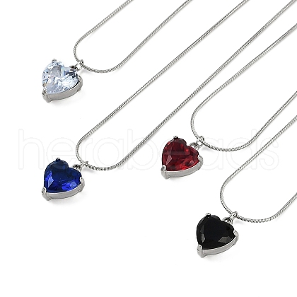 304 Stainless Steel Cubic Zirconia Heart Pendant Round Snake Chain Necklaces for Women NJEW-Z044-09P-1