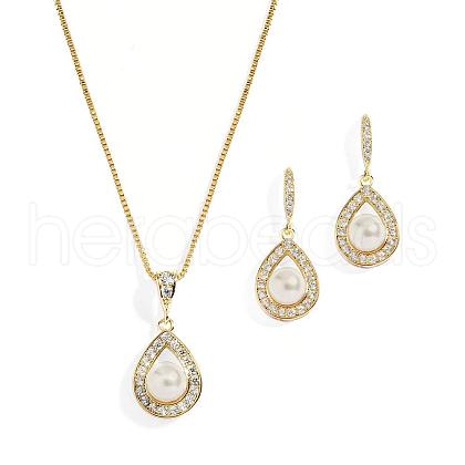 Teardrop Brass Micro Pave Clear Cubic Zirconia with Plastic Pearl Pendant Necklace & Dangle Earring FS-WG2AAB6-01-1