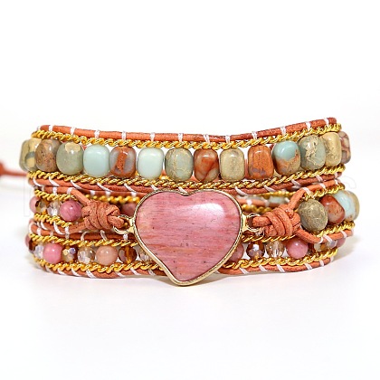 Bohemia Style Heart Natural Rhodochrosite & Shoushan Beads Multi-strand Bracelets FS-WGBC1C4-01-1