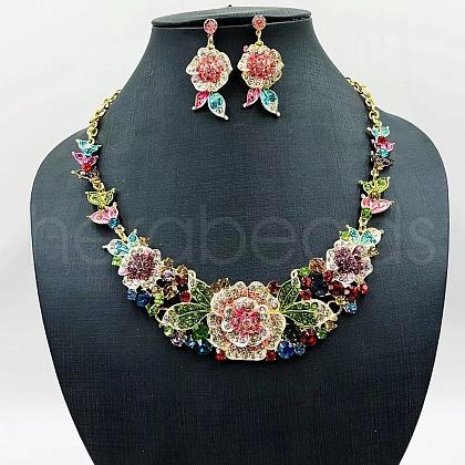 Flower Alloy Rhinestone Pendant Necklaces & Stud Dangle Earrings Sets FS-WGF8947-03-1