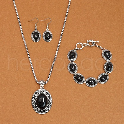 Oval Alloy with Synthetic Turquoise Pendant Necklaces & Dangle Earrings & Link Bracelets Sets WGD1135-08-1
