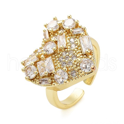 Rack Plating Brass Micro Pave Cubic Zirconia Heart Open Cuff Rings for Women RJEW-C080-05G-1