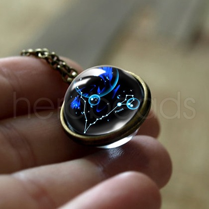 Double Glass Round with Constellation Pendant Alloy Chain Necklaces WG188F6-04-1