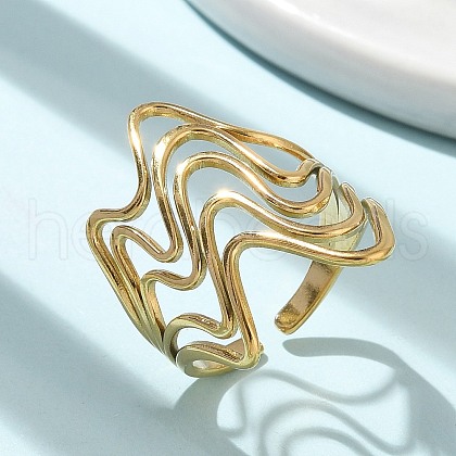 Ion Plating(IP) 304 Stainless Steel Wave Open Cuff Ring for Women RJEW-M025-01G-1