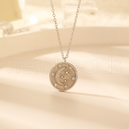 Stylish Stainless Steel Flat Round with Moon Pendant Necklaces for Women's Daily Wear XY3014-1-1