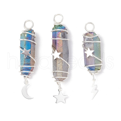 3Pcs 3 Styles Electroplated Natural Quartz Crystal Pointed Copper Wire Wrapped Pendants PALLOY-JF03767-01-1