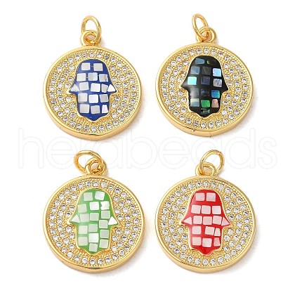 Flat Round with Hamsa Hand Rack Plating Brass Cubic Zirconia Pendants KK-K385-051G-1