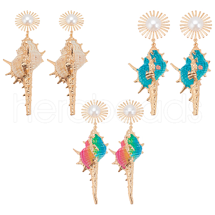 ANATTASOUL 3 Pairs 3 Colors Golden Alloy Sun with Shell Shape Dangle Stud Earrings EJEW-AN0004-40-1