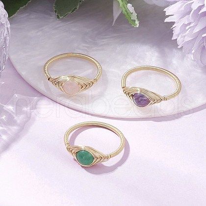 Horse Eye Natural Green Aventurine & Amethyst & Rose Quartz Finger Rings RJEW-JR00843-01-1