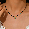 Vintage Stainless Steel Pave Synthetic Turquoise Heart Pendant Glass Faceted Round Beaded Necklaces for Women UN1640-1