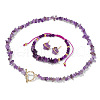Naturl Amethyst Chip with 304 Stainless Steel Beaded Necklace & Braided Bead Bracelet & Star Stud Earring FS-WG0BBF5-01-2