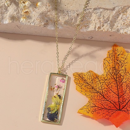 Rectangle with Inner Flower Resin Pendant Iron Cable Chain Necklaces for Women FS-WG0F8F1-04-1