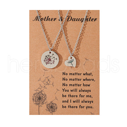 Mother and Daughter 304 Stainless Steel Dandelion Flat Round Heart Pendant Necklaces for Women FS-WGEED69-01-1