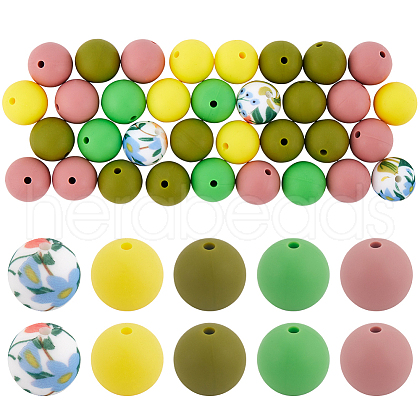 SOFPLATE 50Pcs 5 Colors Round Food Grade Eco-Friendly Silicone Focal Beads SIL-SP0001-03-1