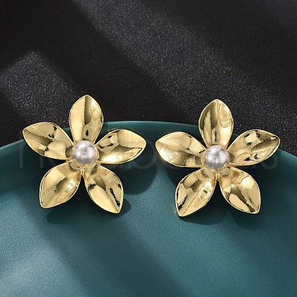Brass ABS Plastic Imitation Pearl Flower Stud Earrings EJEW-S258-02G-1