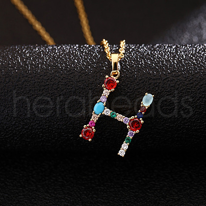 Brass Pave Colorful Cubic Zirconia Initial Pendant Necklaces for Women FS-WG659DF-08-1