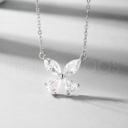 Elegant 925 Sterling Silver Pave Clear Cubic Zirconia Butterfly Pendant Necklaces for Women's Vacation TG1092-1