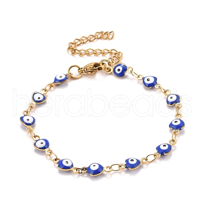 Enamel Heart with Evil Eye Link Chains Bracelet BJEW-P271-06G-02-1