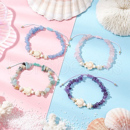 4Pcs Natural Gemstone Chip Braided Bead Bracelets BJEW-JB11540-01-1