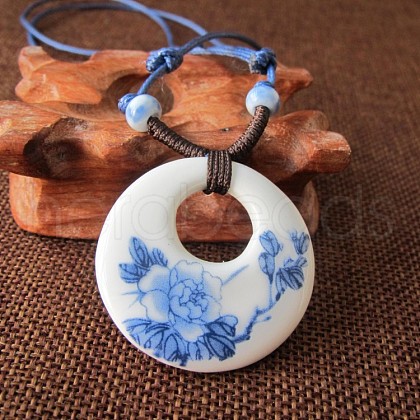Ethnic Style Porcelain Pendant Adjustable Cord Necklaces for Women FS-WG62D6C-01-1