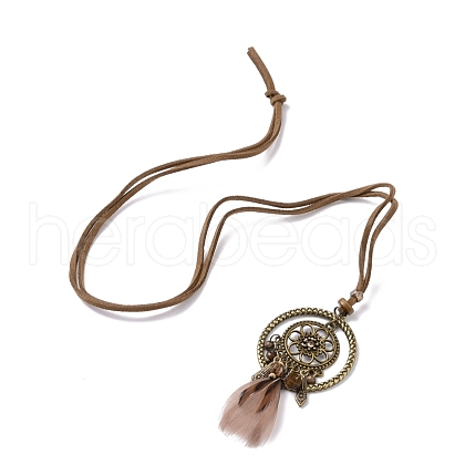 Alloy Woven Net with Feather Pendant Necklace with Wood Beads NJEW-P261-03AB-1