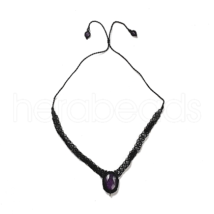 Natural Amethyst Oval Pendant Necklace NJEW-K258-01E-1