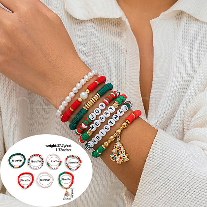 7pcs 7 Styles Christmas Theme Handmade Polymer Clay Hesihi & Imitation Pearl Beads Stretch Bracelet  & Handmade Polymer Clay Hesihi Beads Charm Bracelet Set for Women WG289FB-18-1
