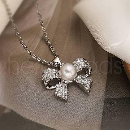 Brass Micro Pave Clear Cubic Zirconia Bowknot Pendant Necklaces NJEW-C054-04P-1
