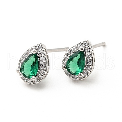 Green Cubic Zirconia Teardrop Stud Earrings EJEW-F288-20P-1