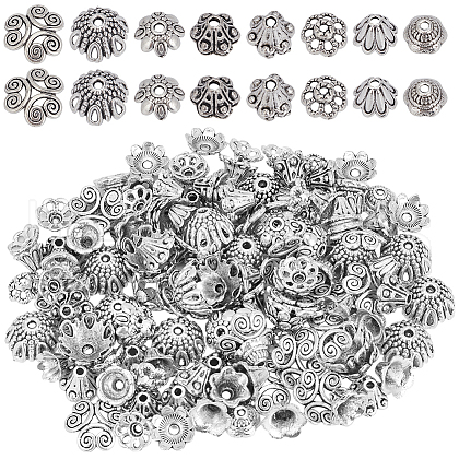 SOFPLATE 240Pcs 8 Styles Tibetan Style Alloy Flower Beads Caps FIND-SP0001-66-1