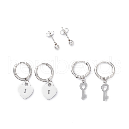 3 Pairs 3 Style 304 Stainless Steel Ball Stud Earrings EJEW-B020-04P-1