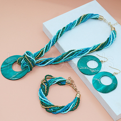 Bohemian Style Ring Shell & Glass Seed Beaded Pendant Necklaces & Dangle Earrings & Bracelets Sets FS-WG105FB-02-1