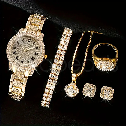 Rhombus Alloy Crystal Rhinestone Pendant Necklace & Stud Earring & Chain Bracelet & Ring & Watch Sets FS-WGDE407-01-1