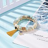 2Pcs 2 Style Natural Flower Amazonite & Lava Rock & Wood Stretch Bracelets Set with Tassel and Alloy Hamsa Hand Charms BJEW-JB08347-2