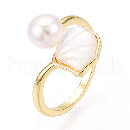 Mother's Day Jewellery Natural Pearl Open Cuff  Ring with Msilver-Lipped Pearl Oyster PEAR-N022-C11-1