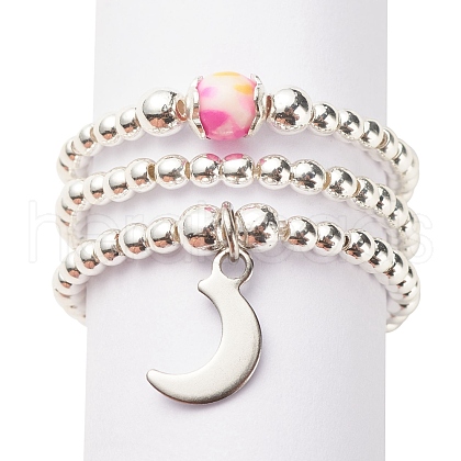 3Pcs 3 Style Natural White Jade & Synthetic Hematite Beaded Stretch Rings Set with Crescent Moon Charm RJEW-JR00469-03-1