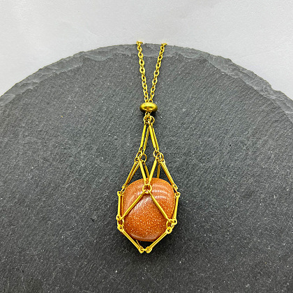 Synthetic Goldstone Nuggets Macrame Pouch Pendant 201 Stainless Steel Chain Necklaces FS-WG7A779-19-1