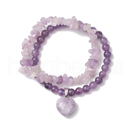 2pcs 2 Styles 6mm Round & Chip Natural Amethyst Beaded Stretch Bracelet Sets BJEW-TA00517-03-1