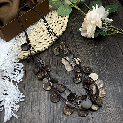 Dyed Natural Coconut Disc Beaded PU Leather Multi-Strand Necklaces for Women FS-WG04026-01-1