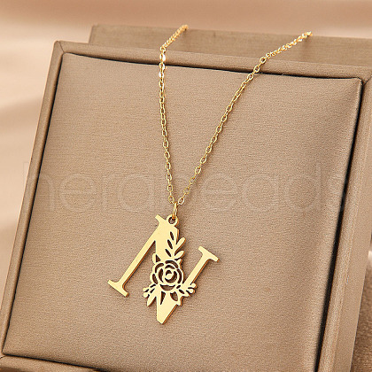 Flower Letter Stainless Steel Initial Pendant Necklaces for Women Men FS-WGF85E2-24-1