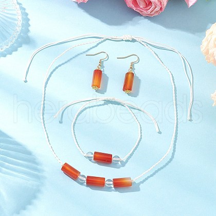 Column Natural Carnelian Beaded Necklace & Bracelet & Dangle Earring Sets SJEW-JS01330-1