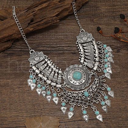 Ethnic Style Zinc Alloy Pave Synthetic Turquoise Teardrop Statement Chunky Bib Necklaces for Women FS-WG23959-06-1